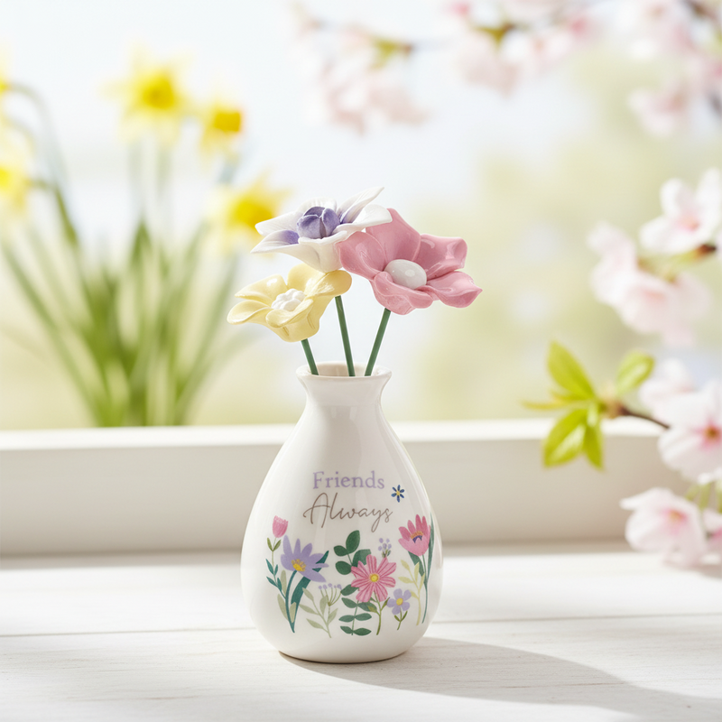 A small white ceramic vase with "Friends Always" text and a delicate floral pattern around the base, holding three flowers in yellow, purple and pink, displayed on a light wooden surface in a bright airy spring setting with soft natural daylight and blurred fresh greenery in the background