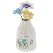 Home Sweet Home flower vase angled view showing wildflower meadow illustration detail and decorative flower stems