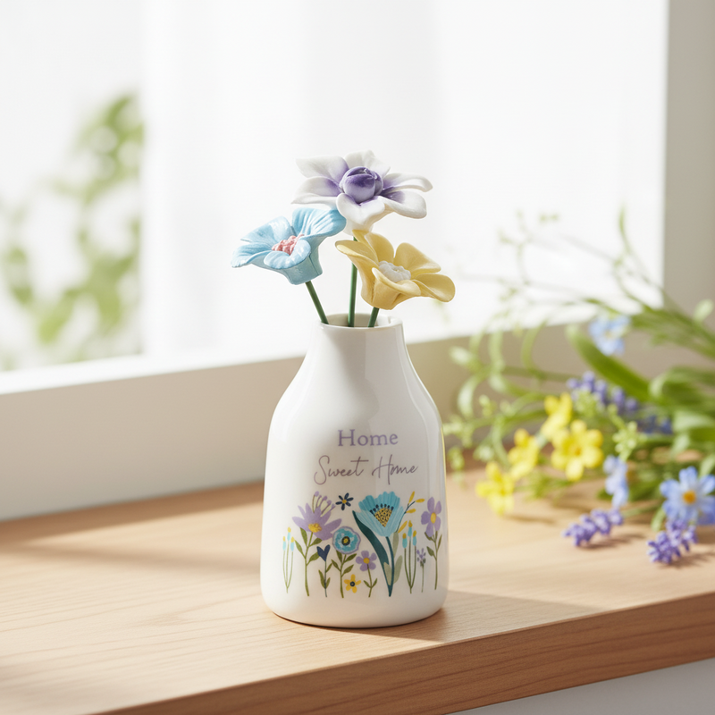 A small white ceramic vase with "Home Sweet Home" text and a delicate floral pattern around the base, holding three flowers in blue, purple and yellow, displayed on a light wooden surface in a bright airy spring setting with soft natural daylight and blurred fresh greenery in the background