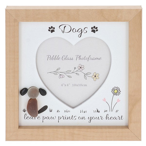 Dogs pebble art photo frame with heart aperture, pebble stone dog and "leave paw prints on your heart" sentiment, front view on white background