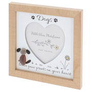Dogs pebble art photo frame with heart aperture, pebble stone dog and "leave paw prints on your heart" sentiment, angled view on white background