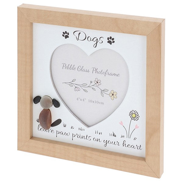 Dogs pebble art photo frame with heart aperture, pebble stone dog and "leave paw prints on your heart" sentiment, angled view on white background