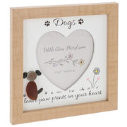 Dogs pebble art photo frame with heart aperture, pebble stone dog and "leave paw prints on your heart" sentiment, side angle view on white background
