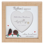 Pebble glass heart photoframe with Robins appear when loved ones are near sentiment, natural wood shadow box frame, two pebble art robins on illustrated branch, heart-shaped photo aperture, front view