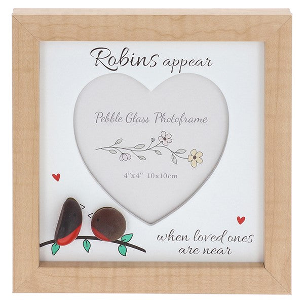 Pebble glass heart photoframe with Robins appear when loved ones are near sentiment, natural wood shadow box frame, two pebble art robins on illustrated branch, heart-shaped photo aperture, front view