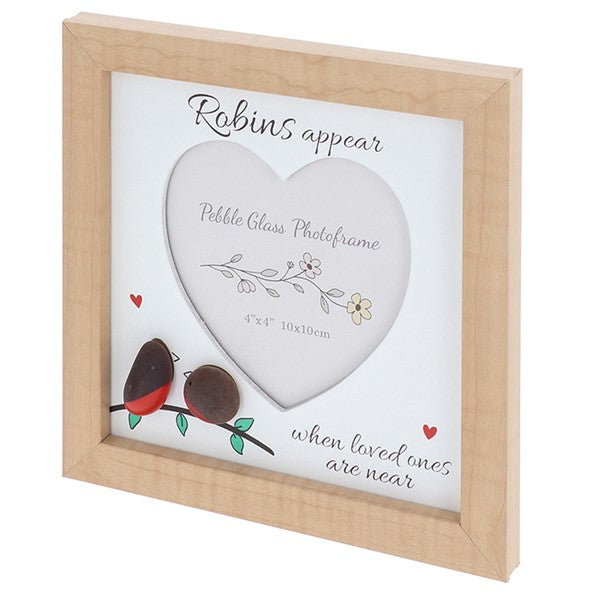 Pebble glass heart photo frame angled view showing natural wood frame depth, pebble art robins on branch and heart-shaped glass aperture