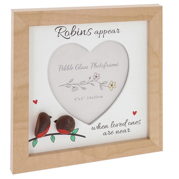 Pebble glass heart photo frame three-quarter view showing Robins appear sentiment, red heart details and pebble art robin detail on illustrated branch