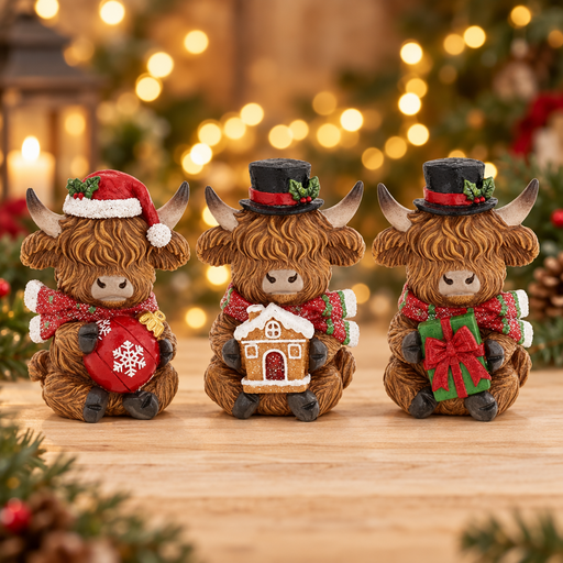 Three Merry Christmas Coos mini highland cow figurines displayed together, holding a bauble, a gingerbread house and a wrapped present, with warm golden bokeh fairy lights background