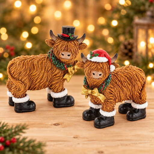 Two Merry Christmas Coos in Boots mini highland cow figurines displayed together with warm golden bokeh fairy lights background