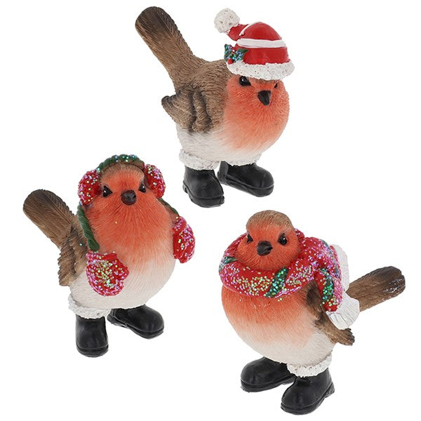 Three Christmas Robin in Boots small decorations — With Santa Hat, With Ear Muffs and With Scarf — each with an orange-red breast, brown feathered body and black boots with white fluffy trim