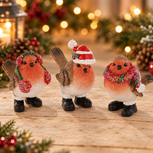 Three Christmas Robin in Boots small decorations displayed together with warm golden bokeh fairy lights background