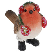 Christmas Robin in Boots small decoration wearing glittery red ear muffs with green headband and glittery red mittens, black boots with white fluffy trim
