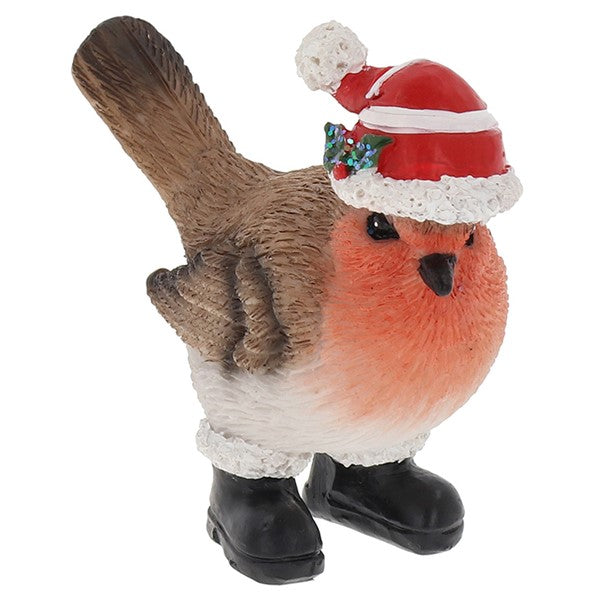 Christmas Robin in Boots small decoration wearing a red Santa hat with white pompom and holly sprig, black boots with white fluffy trim