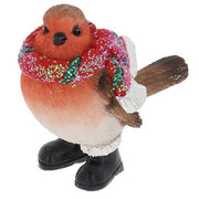 Christmas Robin in Boots small decoration wearing a glittery red scarf with holly detail, black boots with white fluffy trim