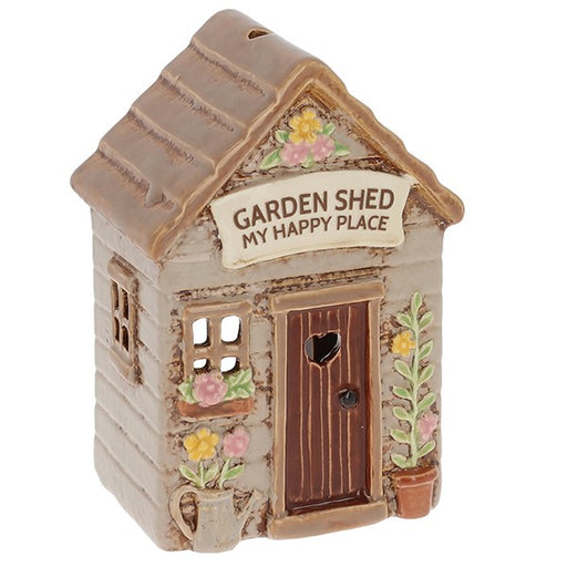 Village Pottery Garden Shed ceramic tealight holder with Garden Shed My Happy Place sign, heart-shaped door cutout, floral wall details, watering can and climbing plant