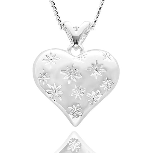 Equilibrium Te Amo Starstruck Heart Necklace close-up showing puffed heart pendant with scattered star-cut details on fine silver-plated chain