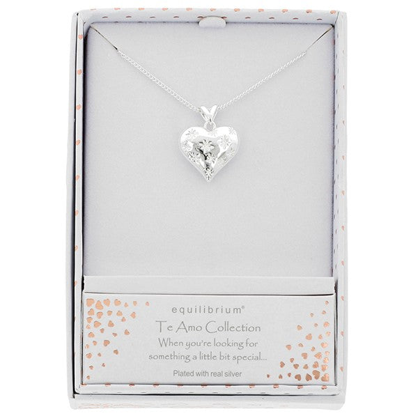 Equilibrium Te Amo Collection puffed heart necklace with star-cut detail, plated with real silver, presented in gift box