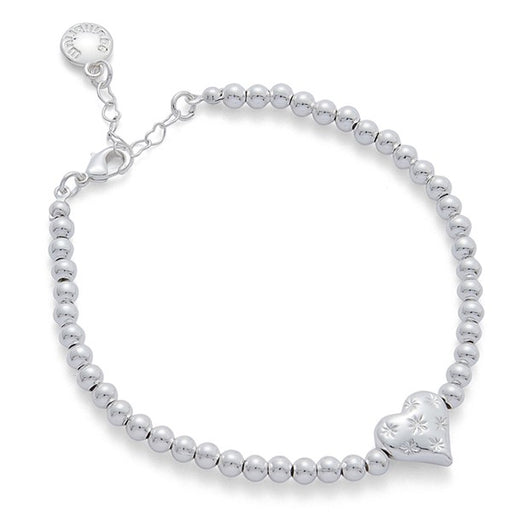 Equilibrium Te Amo Starstruck Heart Silver Plated Bracelet with polished silver-plated beads and puffed star-engraved heart charm