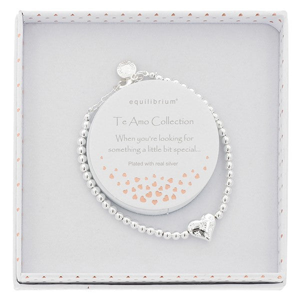 Equilibrium Te Amo Starstruck Heart Silver Plated Bracelet shown in gift box with Te Amo Collection sentiment 