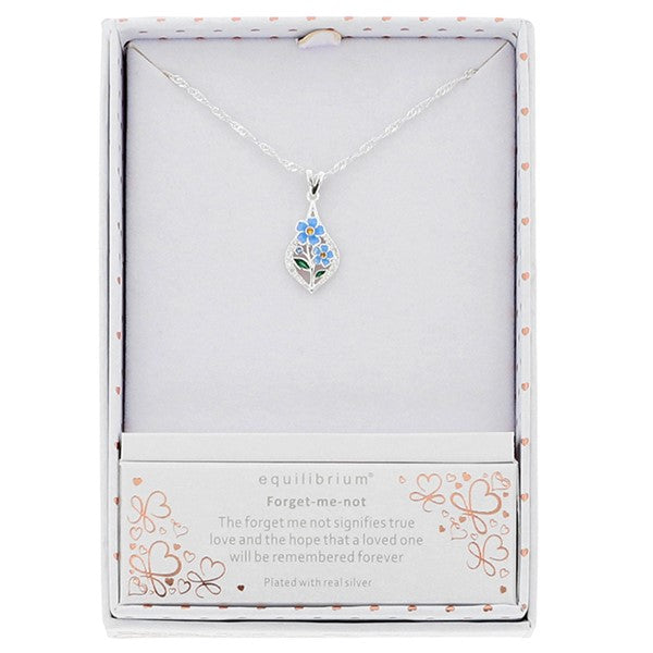 Equilibrium Forget Me Not Teardrop Silver Plated Necklace shown in gift box with forget-me-not sentiment
