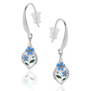Silver plated teardrop drop earrings with blue forget-me-not enamel flowers and pavé CZ (cubic zirconia) crystals, on white background