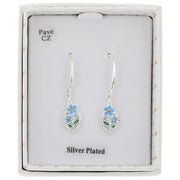 Forget me not silver plated teardrop earrings presented in a white gift box labelled Pavé CZ (cubic zirconia) and Silver Plated