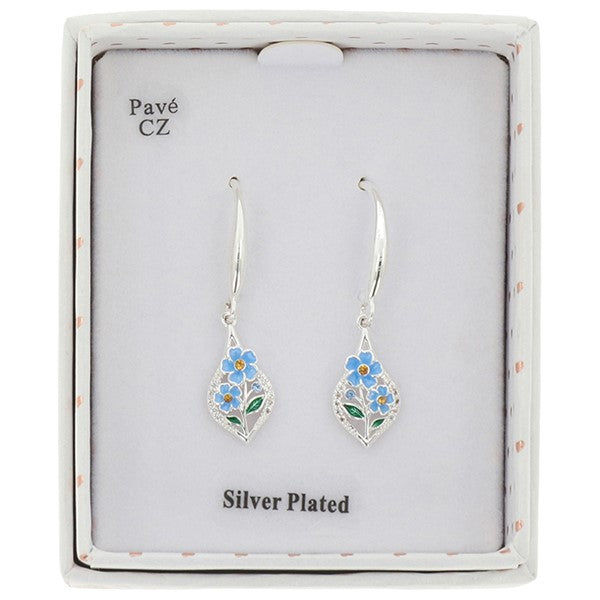 Forget me not silver plated teardrop earrings presented in a white gift box labelled Pavé CZ (cubic zirconia) and Silver Plated