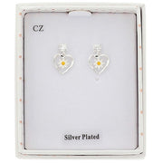 Equilibrium Daisy Chain Heart Silver Plated Earrings in gift box with Cubic Zirconia stud and open heart daisy pendant