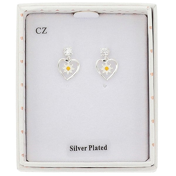 Equilibrium Daisy Chain Heart Silver Plated Earrings in gift box with Cubic Zirconia stud and open heart daisy pendant
