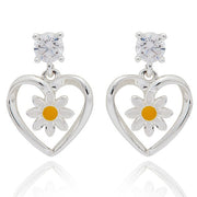 Equilibrium Daisy Chain Heart Silver Plated drop earrings with Cubic Zirconia stud and open silver heart with daisy detail