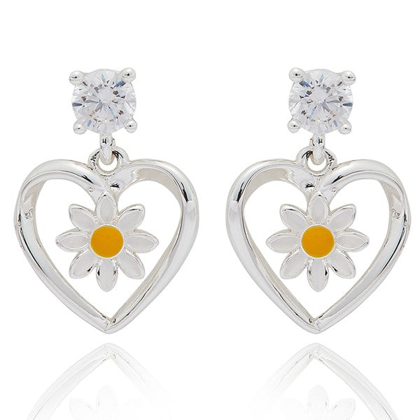 Equilibrium Daisy Chain Heart Silver Plated drop earrings with Cubic Zirconia stud and open silver heart with daisy detail