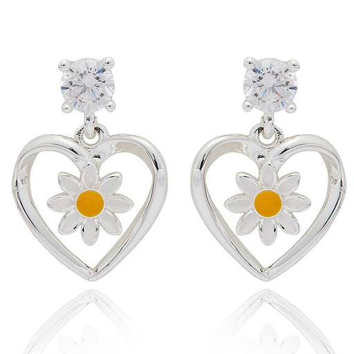Equilibrium Daisy Chain Heart Silver Plated drop earrings with Cubic Zirconia stud and open silver heart with daisy detail