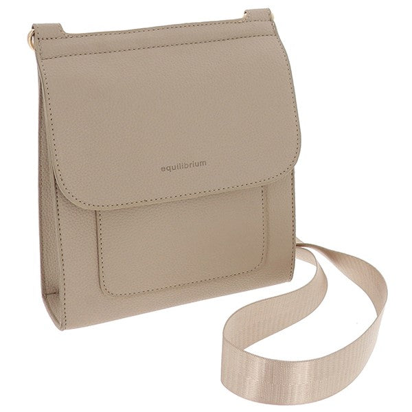 Equilibrium Messenger Crossbody Bag in cream/beige – side angle view showing depth and wide ribbed crossbody strap