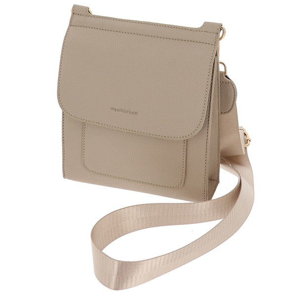 Equilibrium Messenger Crossbody Bag in cream/beige – side angle view showing depth and wide ribbed crossbody strap