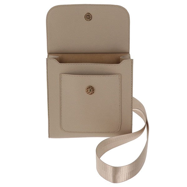 Equilibrium Messenger Crossbody Bag in cream/beige – open interior view showing main compartment, front pocket and gold-tone magnetic snap closure