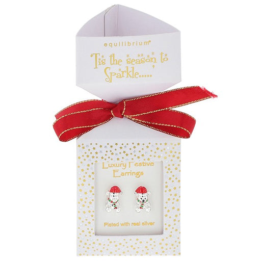 Equilibrium Christmas teddy bear stud earrings with Santa hat detail, presented in a luxury white cracker-style gift box with red ribbon bow