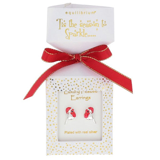 Equilibrium Christmas robin stud earrings with Santa hat detail, presented in a luxury white cracker-style gift box with red ribbon bow