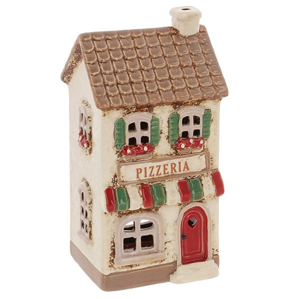 Three-quarter view of Village Pottery pizzeria tea light holder showing full building detail, chimney and tiled roof