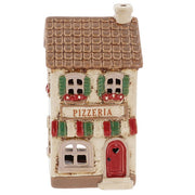 Village Pottery ceramic pizzeria tea light holder, cream two-storey building with brown tiled roof, red and green striped awning panels, Pizzeria signage and green shutters