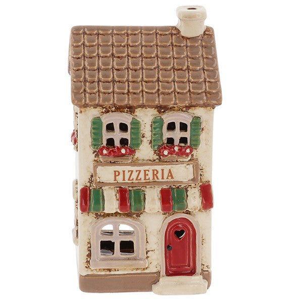 Village Pottery ceramic pizzeria tea light holder, cream two-storey building with brown tiled roof, red and green striped awning panels, Pizzeria signage and green shutters