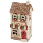 Angled view of Village Pottery pizzeria tea light holder showing red arched door with heart cut-out and red flower window boxes