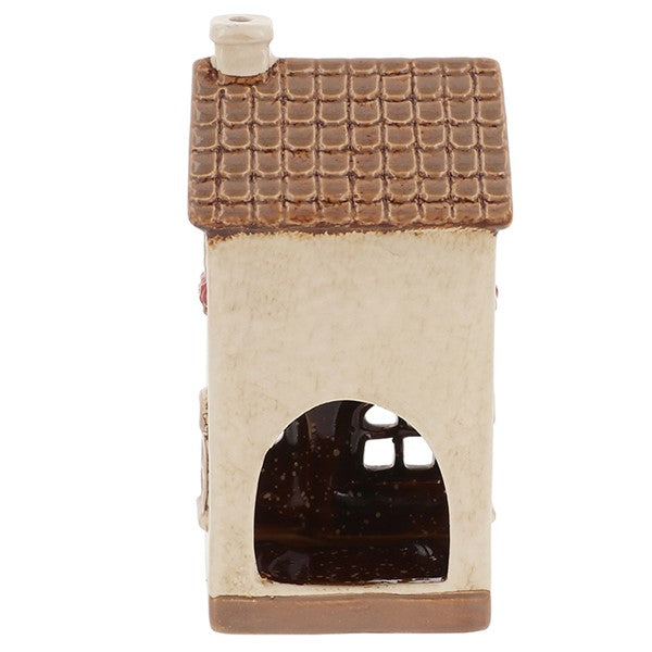 Rear view of Village Pottery pizzeria tea light holder showing cut-out arch for tea light access