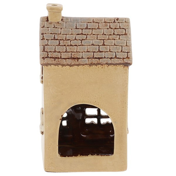 Rear view of Village Pottery Joe's Cafe tea light holder showing cut-out arch for tea light access