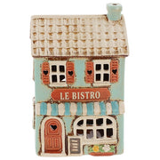Front view of Village Pottery Le Bistro tea light holder showing heart cut-out shutters and Le Bistro signage