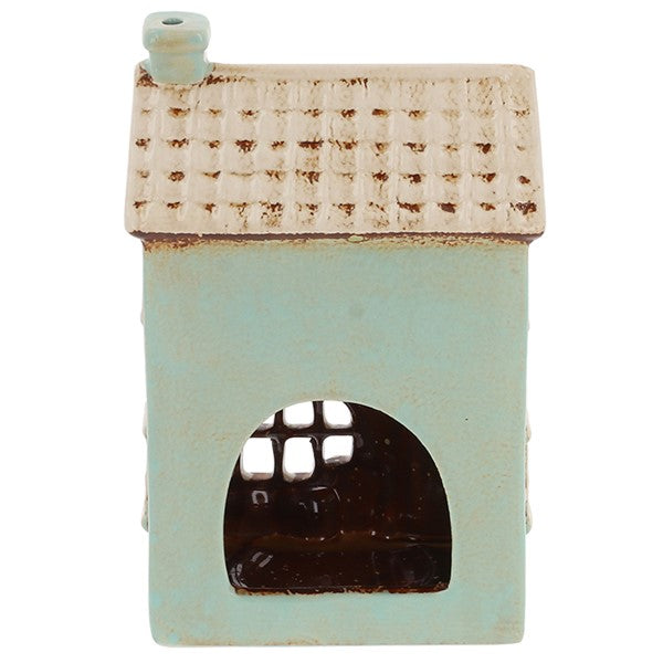 Rear view of Village Pottery Le Bistro tea light holder showing cut-out arch for tea light access
