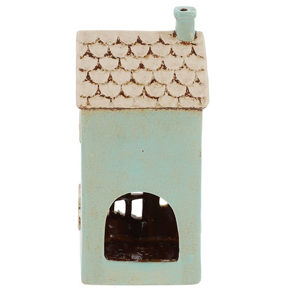 Rear view of Village Pottery cake shop tea light holder showing cut-out arch for tea light access