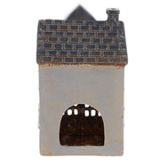  Rear view of Village Pottery fire station tea light holder showing cut-out arch for tea light access and slate roof detail