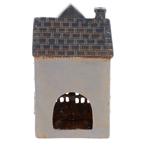  Rear view of Village Pottery fire station tea light holder showing cut-out arch for tea light access and slate roof detail