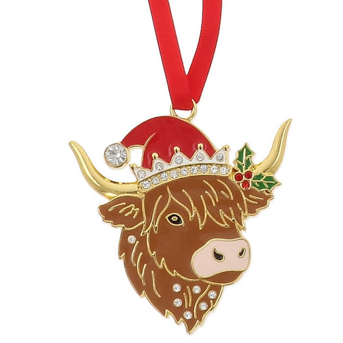 Highland cow Christmas tree hanging decoration with red Santa hat, crystal-effect trim and holly sprig, gold curved horns and scattered crystal-effect details, red ribbon hanger, presented in a Christmas Treasures gift box