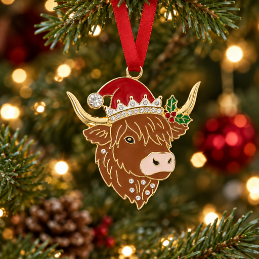 Highland cow Christmas tree hanging decoration with Santa hat and gold curved horns, hanging on a Christmas tree with warm golden bokeh fairy lights